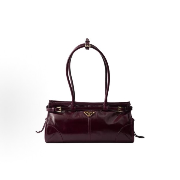 PRADA普拉达 Bonnie 珐琅⾦属三⻆形标志 ⼿提包 中号 ⼥款 勃⾉第红⾊